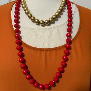 Two Necklaces Red Acrylic Beads and Matte Gold Metal Beads